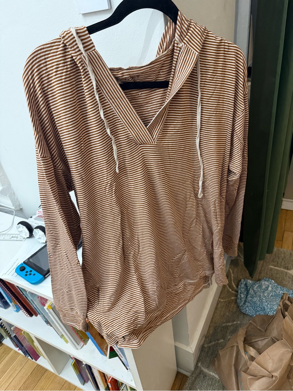 LOFT Brown and White Striped Hooded Long-Sleeve Top